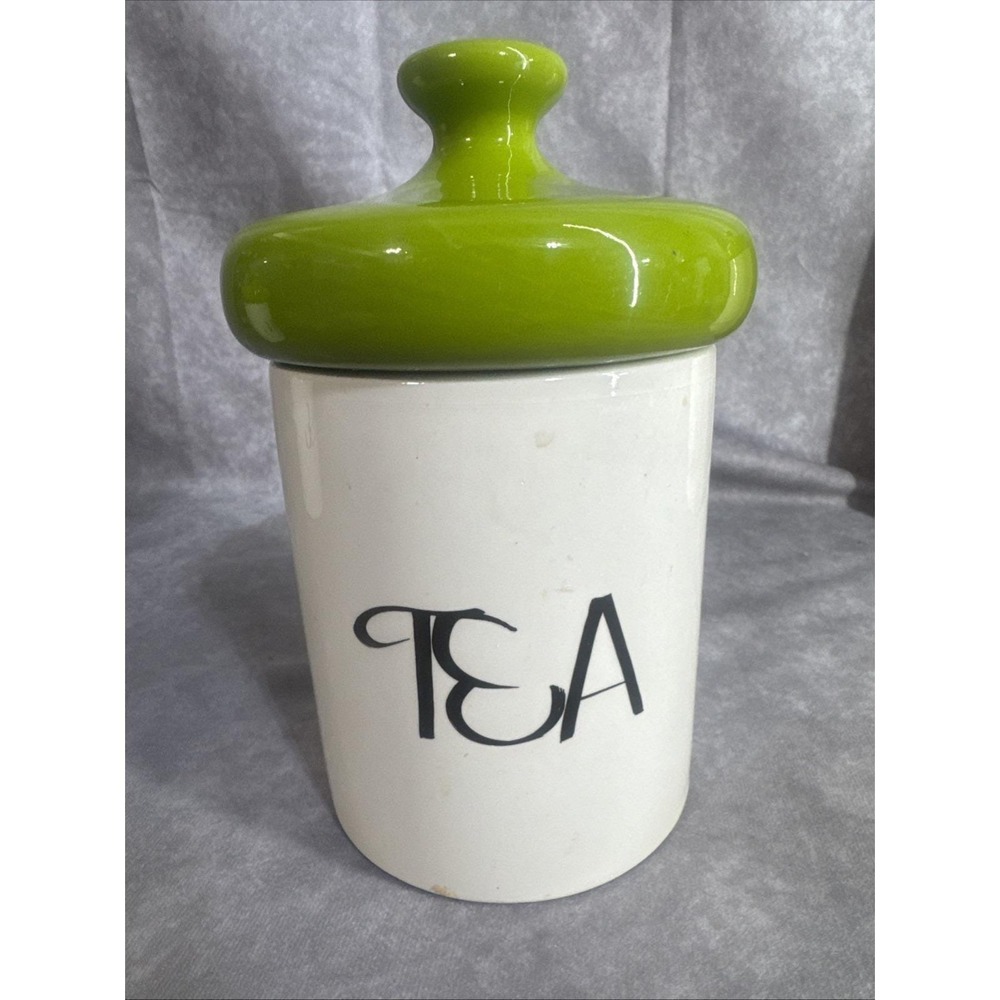 VINTAGE MCM HOLIDAY DESIGNS CERAMIC TEA CANISTER GREEN MUSHROOM LID 9" TALL